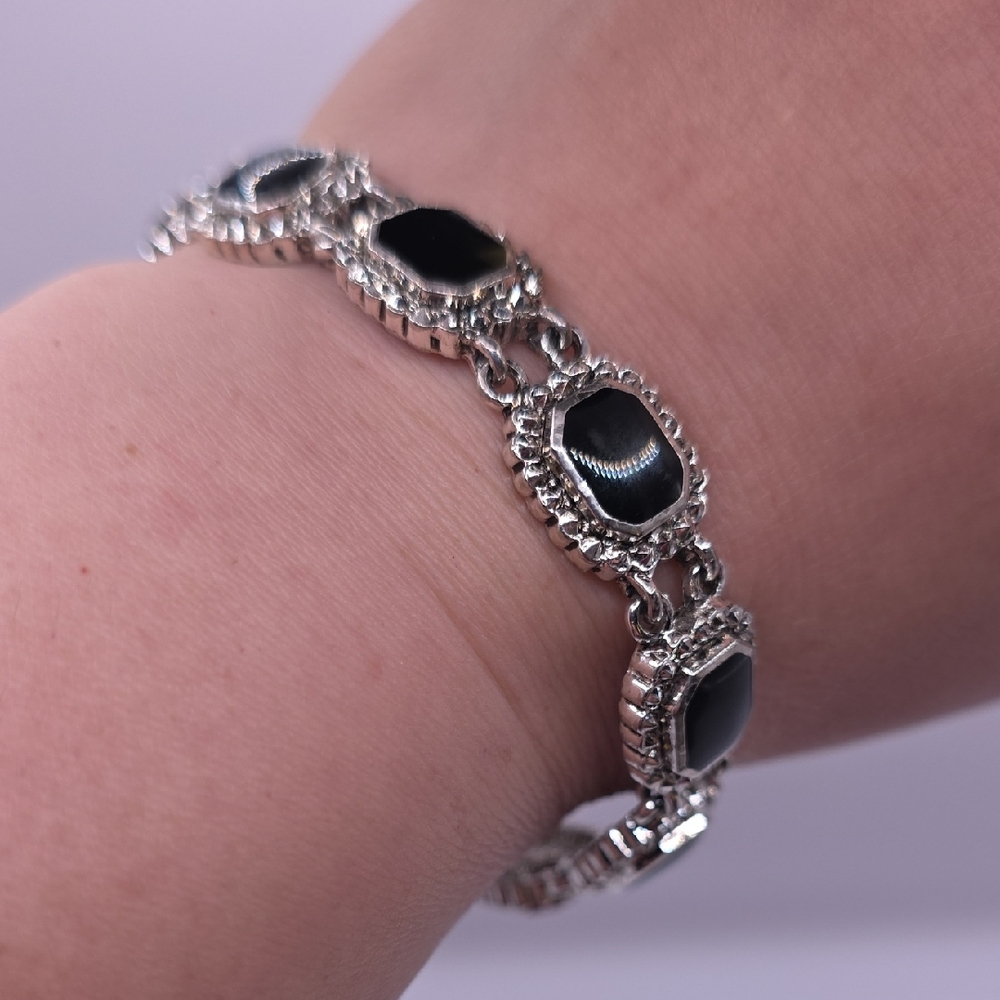 Vintage Silvertone and Black Enamel Bracelet